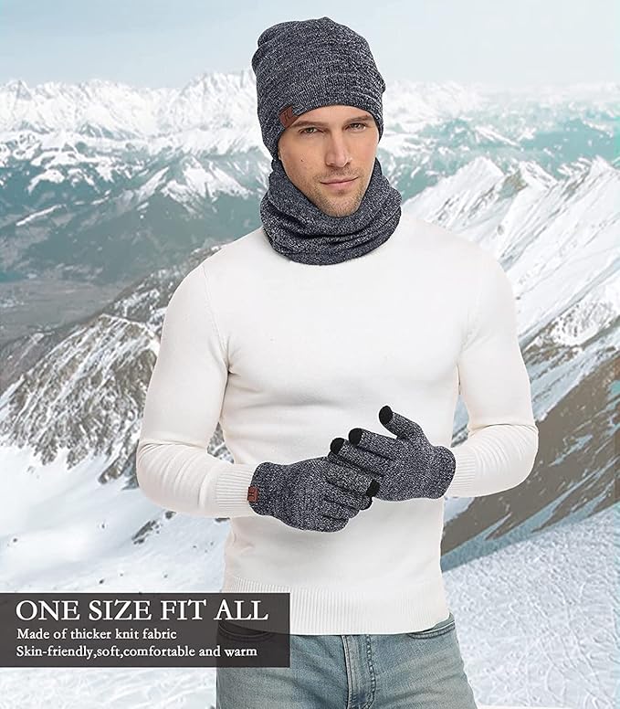 Winter Beanie Hat Scarf Touchscreen Gloves Set for Men and Women, Beanie Gloves Neck Warmer Set with Warm Knit Fleece Lined