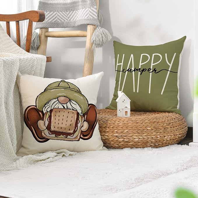 AVOIN colorlife Happy Camper Camping Life Throw Pillow Covers 18x18 Set of 4, Gnome S'More Campfire Decoration for Sofa Couch
