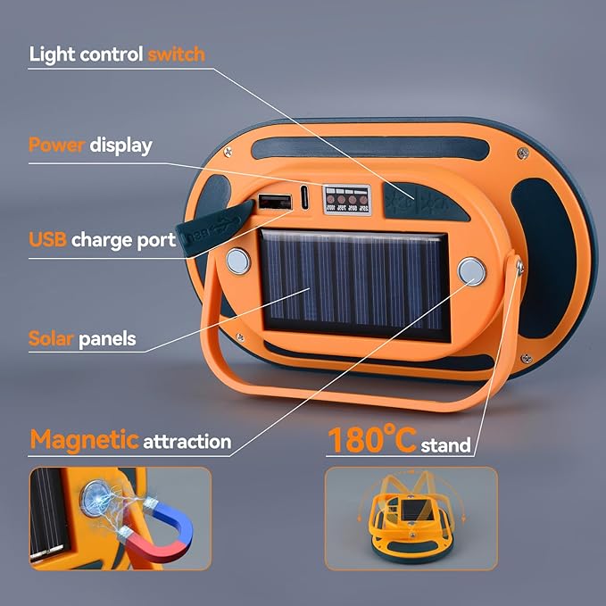 Multifunction Mini 3.74"x2.36" Rechargeable Work Light Solar Magnetic Portable Flood Light with Rotatable Stand 4 Mode Waterproof LED Work Light for Camping Garage Outdoor Emergency Power Bank