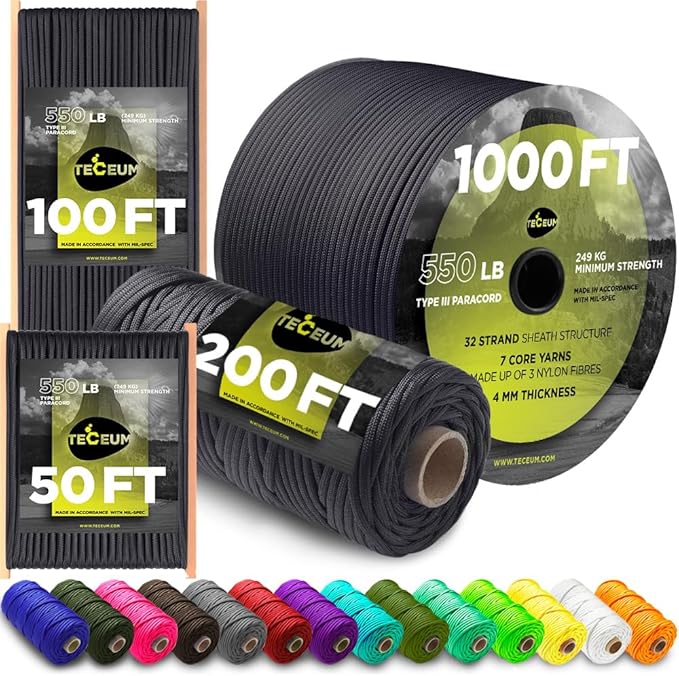 TECEUM Paracord Type III 550 Basalt – 1000 ft – 4mm – Tactical Rope MIL-SPEC – Outdoor para Cord –Camping Hiking Fishing Gear and Equipment – EDC Parachute Cord – Strong Survival Rope 409
