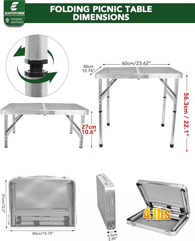 Small 2ft Folding Table with Carry Handle, Adjustable Height 10.6" or 22", Silver Metal Mesh, Portable & Compact Indoor/Apartment/Card/Side/Grill Table, 23.6"Lx15.8"W, Lightweight 4 lb, 66 lb Capacity