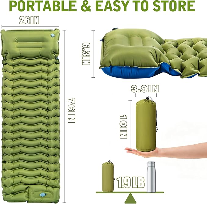 Camping Sleeping Pad, Camping Mat Thick Ultralight with Pillow, Built-in Foot Pump Self Inflating Sleeping Pad for Camping, Compact Camping Pad for Hiking, Backpacking, Travel Tent