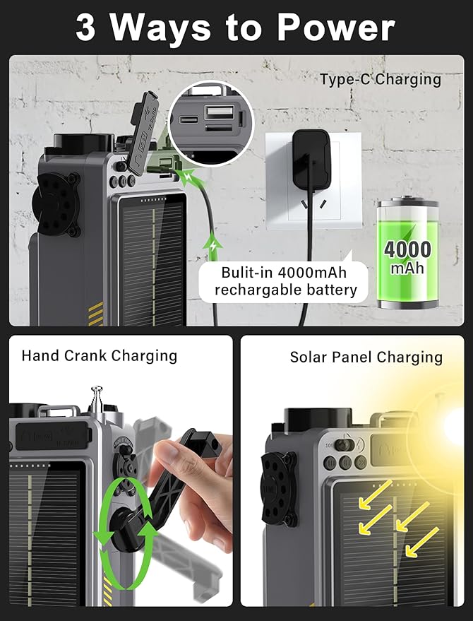 Digital Shortwave Radio with Bluetooth 5.4,AM/FM/SW with NOAA Weather Alert, 4000mAh Emergency Radio Hand Crank Solar,5W Speaker/SOS/Flashlight/Support SD Card USB MP3 Player for Emergency
