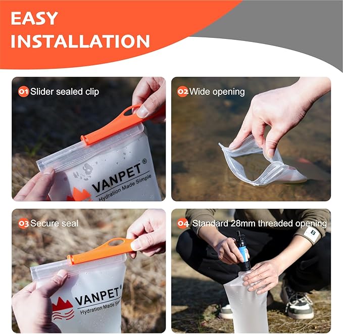 VANPET Upgrade Water Bag 2L Compatible with Sawyer Squeeze Water Filter, Durable TPU Material, BPA & PVC Free Squeeze Pouch, Collapsible Hydration Canteens for Camping Hiking Cycling (1 Pc)