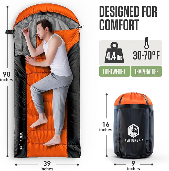 VENTURE 4TH Backpacking Sleeping Bag – XXL, Double and Single Sizes - Lightweight Warm & Cold Weather Sleeping Bags for Adults, Kids & Couples – Ideal for Hiking, Camping & Outdoor Adventures