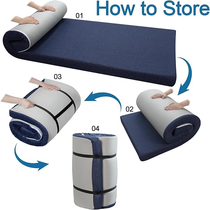 Memory Foam Camping Mattress Pad 3inch, Sleeping Pad, Portable Roll Up Mattress for Adults, Camping Bed Pads for Sleepover, Non-Slip Bottom Cot Mattress Pad 72" x 24"x 3"