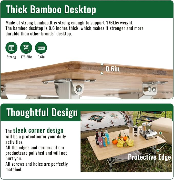 KingCamp Bamboo Folding Camping Table Adjustable. Supports 176lbs with A Premium Bamboo Top and 3 Adjustable Heights, Ideal for Stable Dining or Cooking at Picnics, RVs, and Glamping Sites