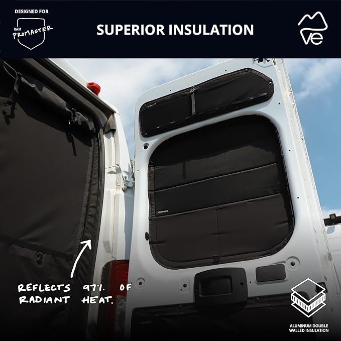 VanEssential Insulated Stealth Blackout Rear Door Window Covers Designed for RAM Promaster Bare Metal Window Frame Van Years 2014 to Current Model (Pair) - Black