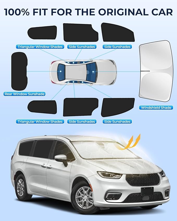 Car Window Shades for Chrysler Pacifica/Pacifica Hybrid 2017-2025, 8pcs Privacy Sun Shade Set for Front Windshield Side and Rear Windows, Full Window Covers Keeps Vehicle Cool for Camping Napping