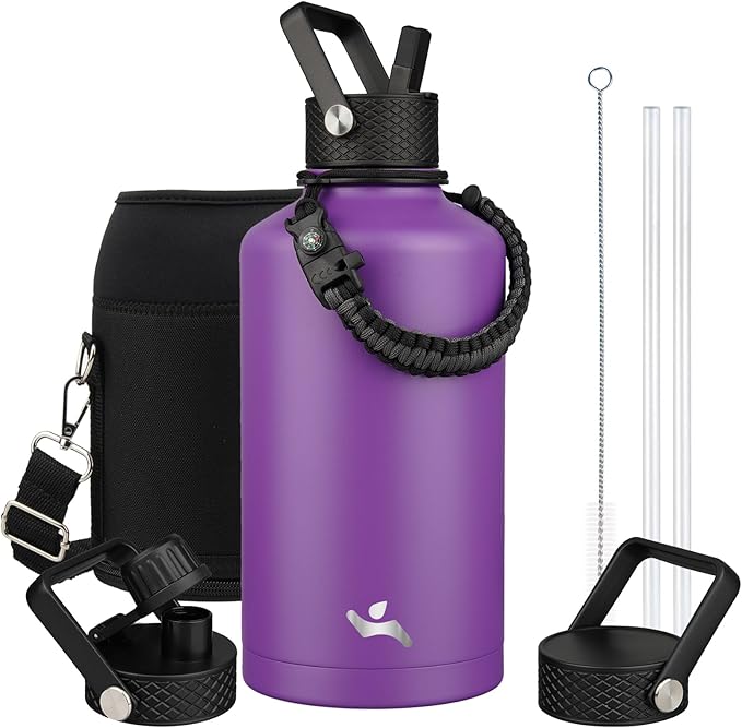 Konokyo Insulated Water Bottle with Straw,87 oz 3 Lids Water Jug with Carrying Bag,Paracord Handle,Double Wall Vacuum Stainless Steel Metal Flask,Purple
