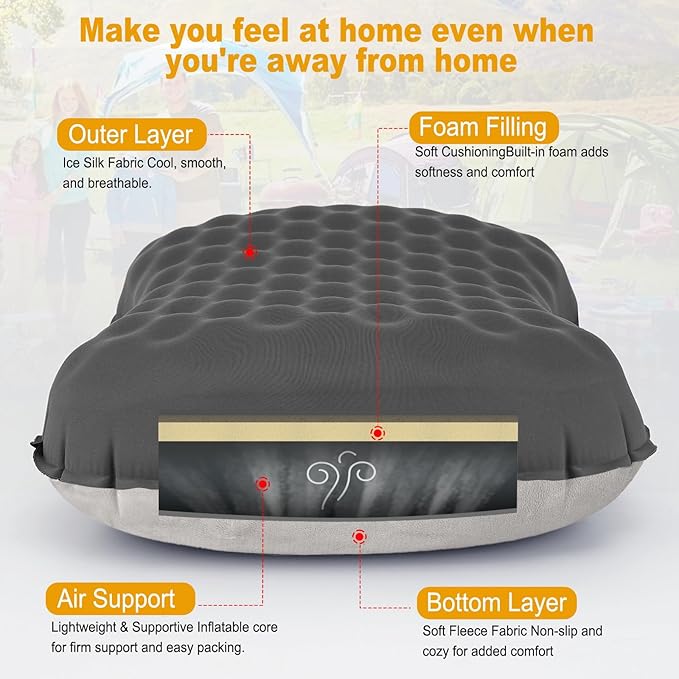 UWILLION Camping Pillow with Ice Silk Memory Foam Cover - Ultralight Inflatable Pillow for Camping Lightweight, Ergonomic and Washable for Camping, Hiking, and Travel Gray