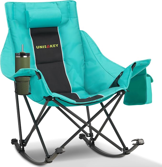 Unisakey Oversized Rocking Camping Chair with Headrest & Cup Holder - 400lbs Capacity, 600D Oxford Fabric, Easy Fold Portable Outdoor Rocker Chair for Camping, Backyard, Beach, Blackgreen