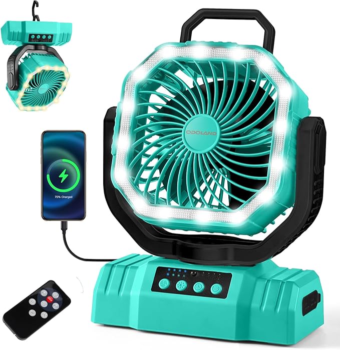 Odoland Portable Camping Fan with LED Lantern, 20000mAh Rechargeable Battery Powered Fan with Auto Oscillation, Timer, Remote, 360° Rotation Hook, 4 Speeds for Power Outage Travel Home,Cayan