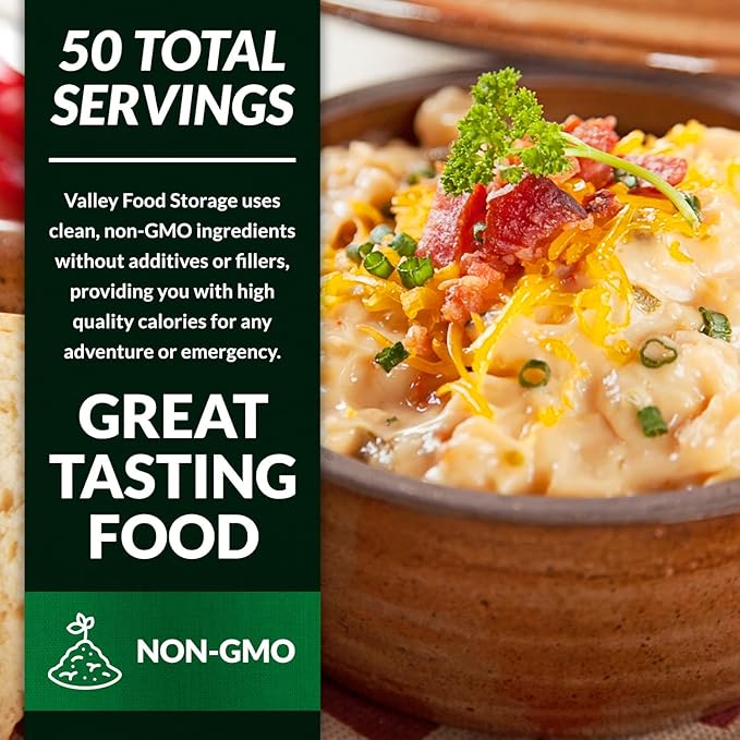 Valley Food Storage Irish Pub Cheddar Potato Soup 10-Bag Bucket, 50 Servings | Premium Non-GMO Emergency Food Supply with 25 Year Shelf Life | Survival Meals, Prepper Food, Camping & Off-Grid Supplies