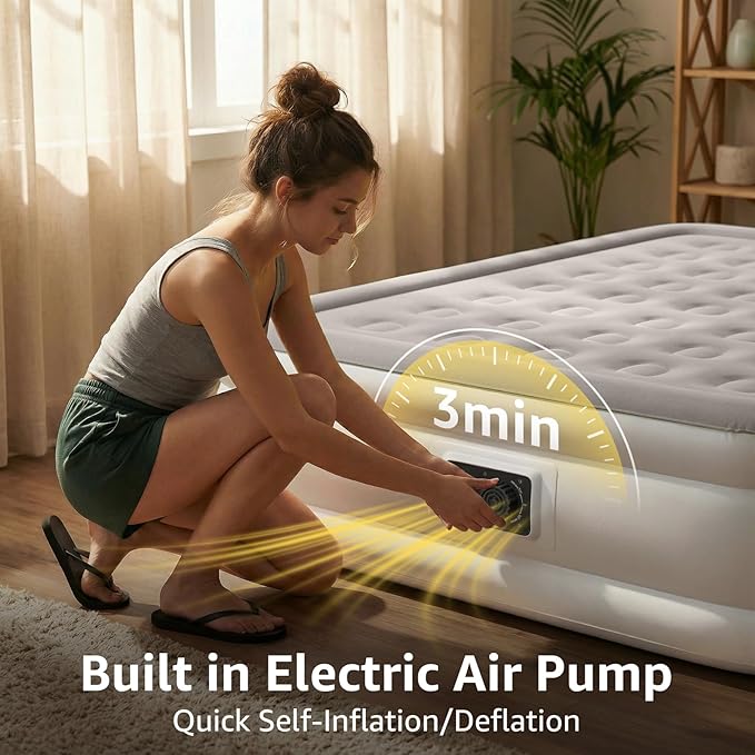YENING Full Size Air Mattress with Built in Pump Raised Double Blow up Bed Inflatable Camping Airbed Electric 18 Inch Tall Grey