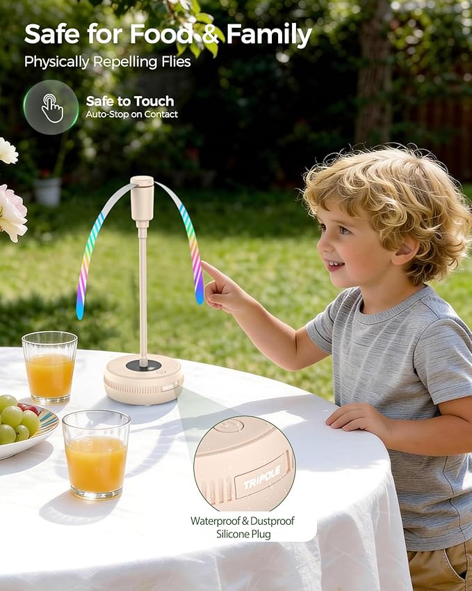TriPole Fly Fans for Tables, Food Fans 2000mAh Rechargeable Table Fan Portable Fly Spinners with LED Display, 20H Runtime for Outdoor Picnic, BBQ Patio Parties, Camping, Kitchen, 4 Pack (Beige)