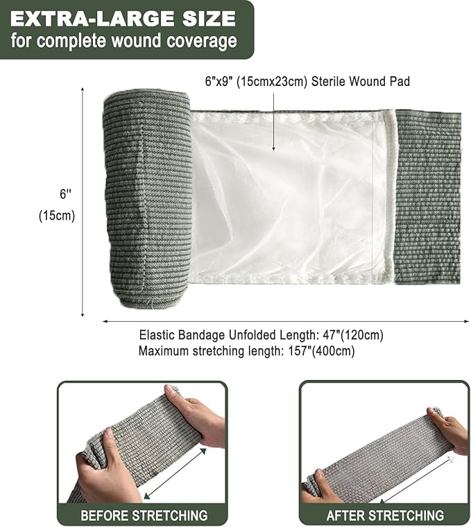 Upgrade Israeli Style Emergency Bandage, 8Pack 6 Inch Compression Bandage for Emergency Wound Dressing, First Aid and IFAK Trauma Military (6Inch-8Pcs)