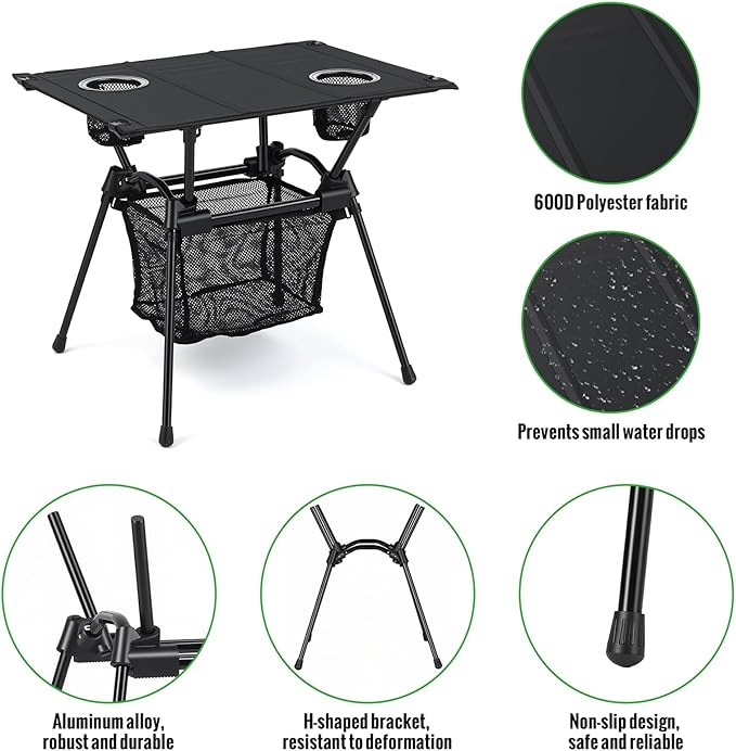 GARLLEN Folding Camping Table, Ultralight Compact Beach Table with Fabric Tabletop, Portable Folding Picnic Table with Cup Holder & Storage Net for Sand, Camping, Outdoor, 23.2“L x 15.7”W