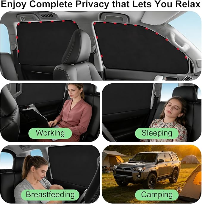 Side Window Sunshades for 2017-2024 Toyota 4Runner, Suede Fabric Window Covers for Privacy Car, Custom Fit Without Steel Rings, UV & Heat Protection Magnetic Installation (4 Pack)