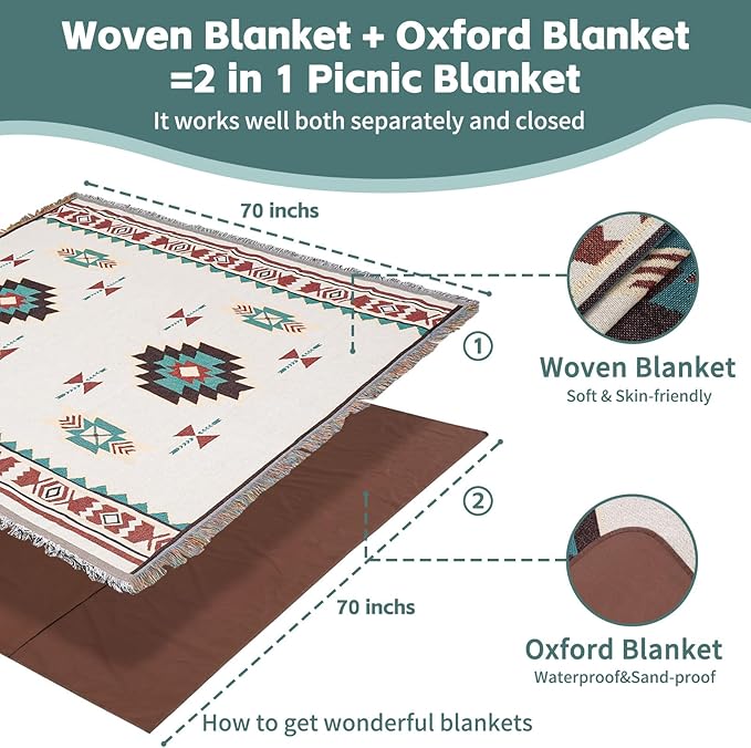 2 in 1 Extra Large Outdoor Picnic Mat Woven Summer Throw Blanket Boho Giant Beach Travel Essential Yoga Accessories Park Patio Lawn Garden Grass Ground Play Music Festival Concert Must Have