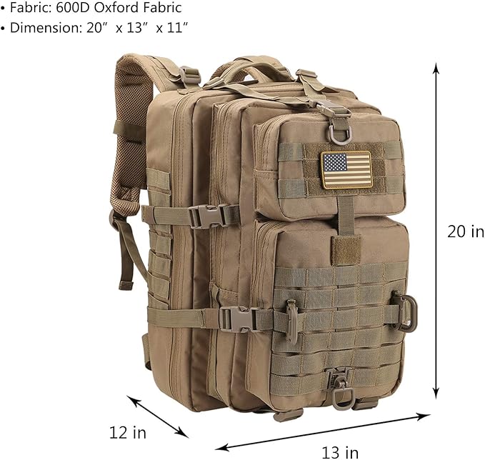 Hannibal Tactical MOLLE Assault Pack, Tactical Backpack Military Army Camping Rucksack, 3-Day Pack Trip w/USA Flag Patch, D-Rings, Coyote