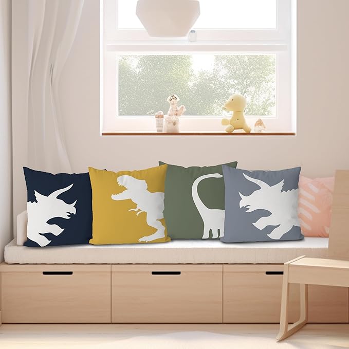 KEUSPI Cartoon Dinosaur Dino T-Rex Throw Pillow Covers,Dinosaur Throw Pillow Covers 18×18 Inch Set of 4,Home Boys Room Kids Room Playroom Nursery Decor,Dinosaur Lover Gifts for Boys Kids
