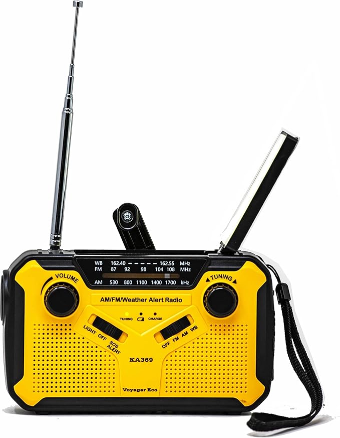 Kaito Voyager ECO Emergency Radio KA369 AM/FM NOAA Weather Alert 5-Way Powered Solar Crank Radio Receiver with LED Flashlight and USB Mobile Phone Charger Yellow