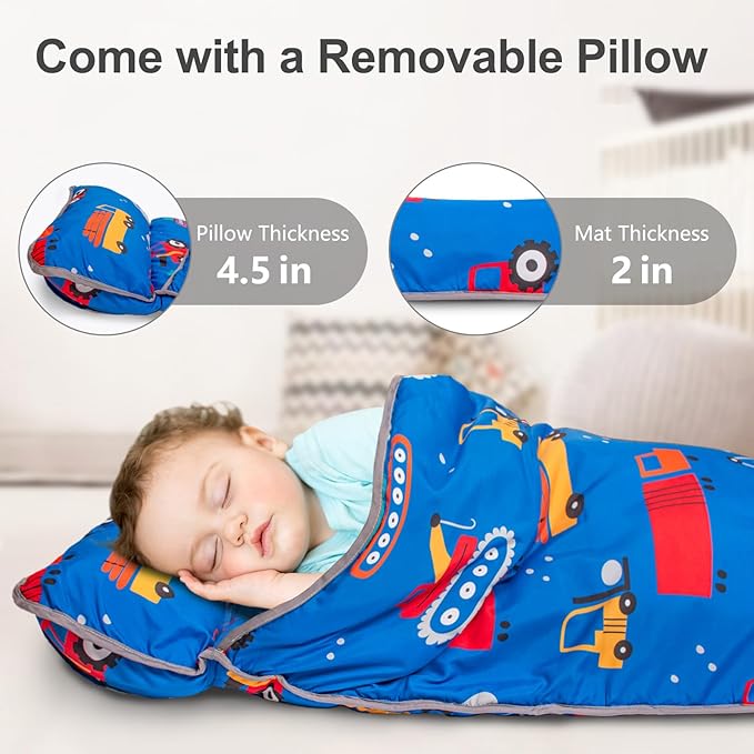 Primlect Thickened Toddler Nap Mat with Removable Pillow and Minky Blanket, Extra Large 55''x35'' Sleeping Bag, Washable, Roll up, Perfect for Daycare, Preschool, Kindergarten, Boys and Girls Blue Car