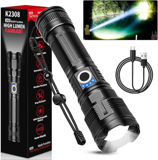 Rechargeable Tactical Flashlights High Lumens,Super Bright LED Flashlight,Powerful Flash Light with 5 Modes,Waterproof,Power Handheld Flashlight for Emergency,Camping,Hurricane,Hiking