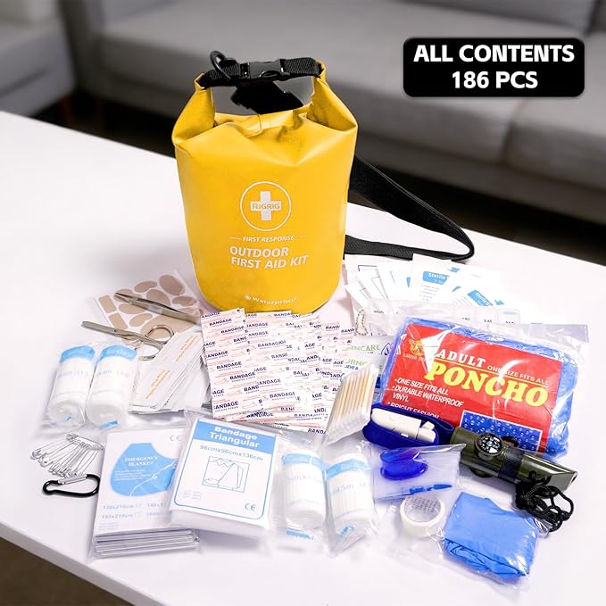 Waterproof First Aid Kit 186 Pcs Survival Gear, Portable Small Boat Dry Bag Bug Out Bags, Emergencies Medical Kit Ideal for Boating, Fishing, Hiking, Camping, Kayaking (Yellow)