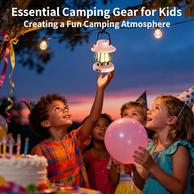 Kids Lantern with 3 Color Dimmable & USB-C Charging, Girls Night Light for Bedroom, Indoor Outdoor Adventures & Emergency Use Toddler Flashlight Camping Essentials for Kids (Pink)
