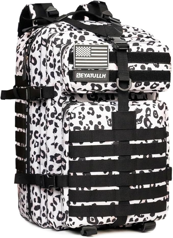 45L Military Tactical Backpack for Men & Women Bug Out Bag Assault pack Molle Daypack Hiking Trekking Rucksack (Leopard print)