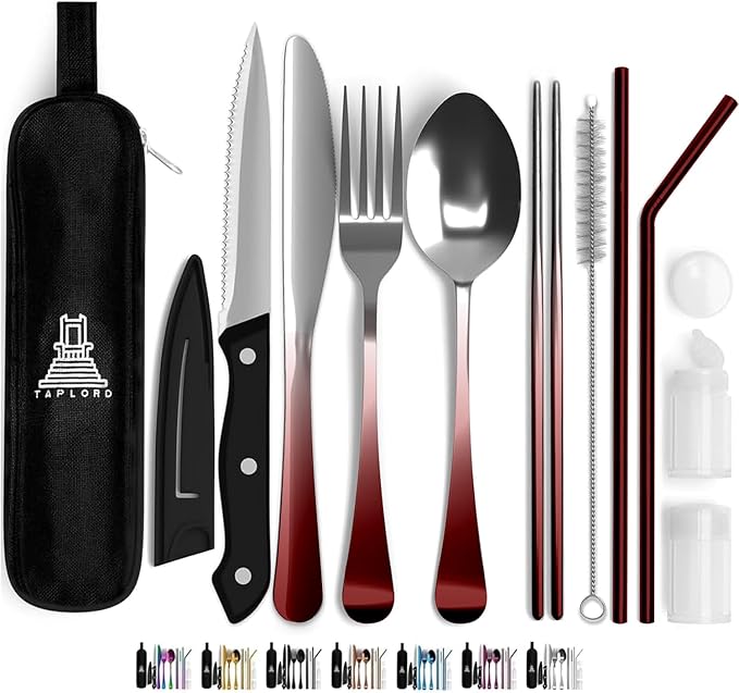 Taplord Portable Travel Silverware Set With Case - Includes 10 Pcs of Utensils, Stainless Steel Flatware For Camping, Easy to Travel, Lightweight (Red Two Tune)