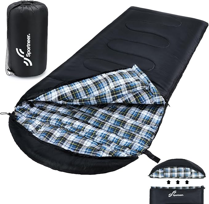 Sportneer 0 Degree Sleeping Bag for Cold Weather, XL Winter Sleeping Bag for Adults, Flannel Lined Camping Sleeping Bag, 32°F–59°F Rated, 87" x 33.5", 4.4 lbs, Detachable Hood, Compression Sack
