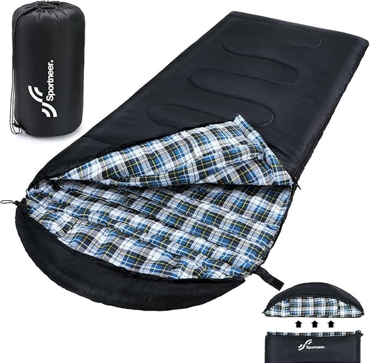 Sportneer 0 Degree Sleeping Bag for Cold Weather, XL Winter Sleeping Bag for Adults, Flannel Lined Camping Sleeping Bag, 32°F–59°F Rated, 87" x 33.5", 4.4 lbs, Detachable Hood, Compression Sack