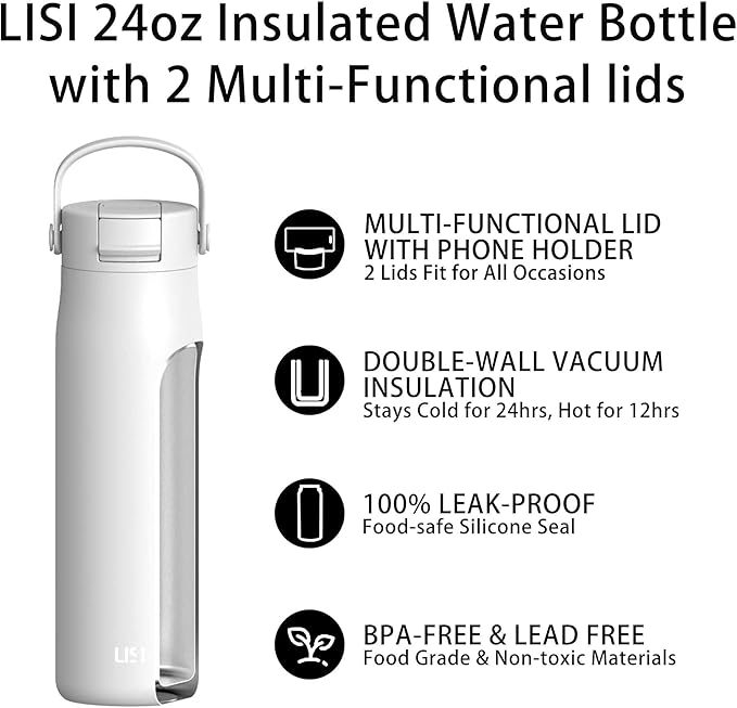 LISI 24oz Insulated Water Bottle, Double Wall Stainless Steel Water Bottles with Straw, 100% Leak-Proof Travel Thermal Canteen Mug with 2 Lids (Straw, Phone Holder Lid)