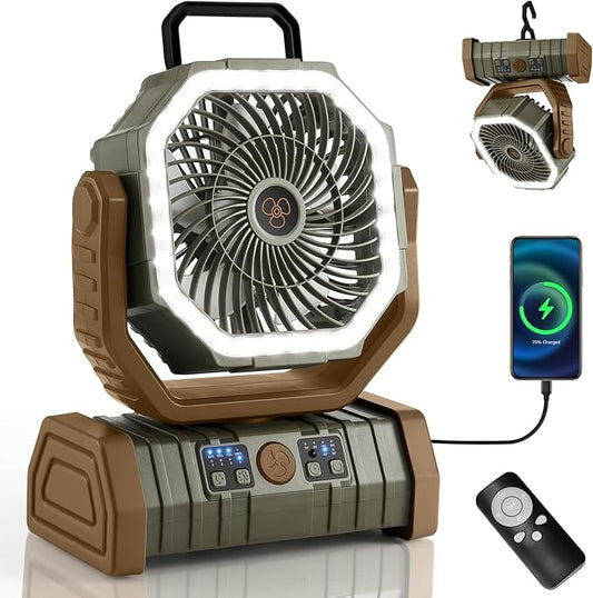 Odoland 30000mAh Camping Fan with LED Lantern, Rechargeable Battery Operated Oscillating with Remote Hook, Portable Tent Fan with Timer, 4 Speeds for Outdoor RV Jobsite Power Outage, Brown