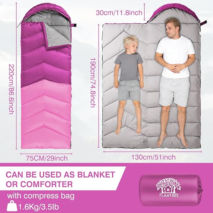 Sleeping Bag 4 Seasons Adults & Kids for Camping Hiking Trips Warm Cool Weather,Lightweight and Waterproof with Compression Bag,Indoors Outdoors Activities
