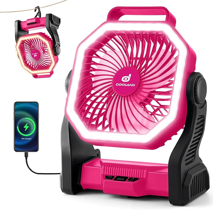 Odoland Rechargeable Camping Fan, 20000mAh Battery Fans with LED Lantern for Tent Car Beach Storm, Portable Light Desk Cooling Fan for Picnic Power Outage Hurricane, Pink