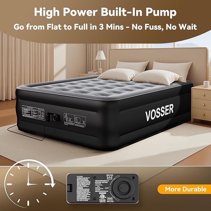 VOSSER Air Mattress Full with Built in Pump,18’’Raised Blow Up Mattress,Self Inflatable Mattress in 3 Mins,Portable Air Bed for Home,Floor&Travel,Full Size Air Mattress for Adults 660LB Max,Black