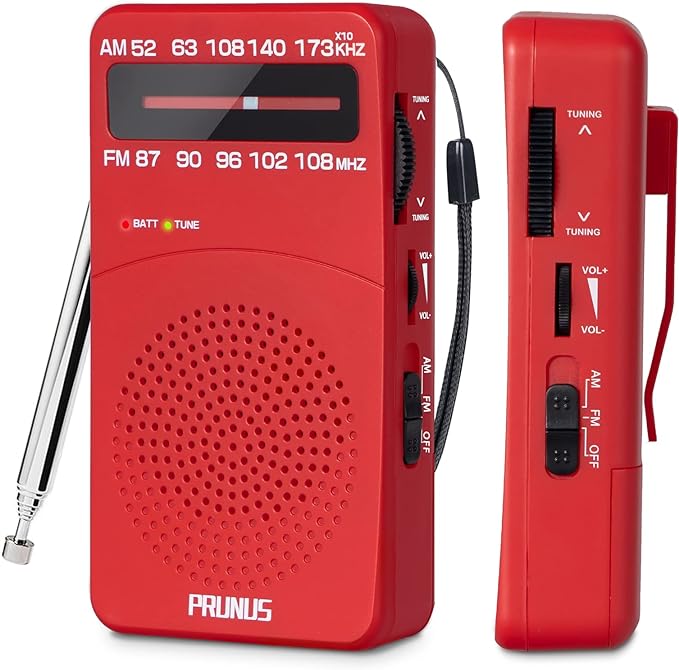 PRUNUS J-166 Portable Radio AM FM, Gifts for Dad and Mom, Battery Operated Radio with Tuning Light, Back Clip, Excellent Reception, AM FM Radios Portable, Transistor Radios