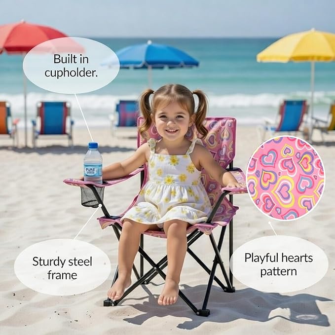Emily Rose Kids Folding Beach Camp Chair with Cup Holder, Safety Lock & Matching Carry Case (Playful Hearts) – Toddler Travel Chair for Girls Ages 2–7 – Indoor Outdoor Lightweight USA Brand