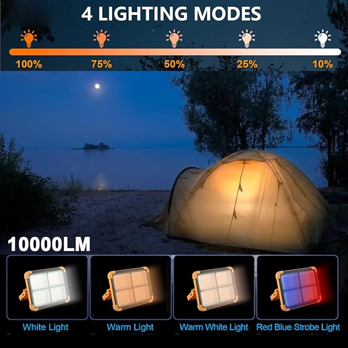 Solar Portable Rechargeable Work Light,16500mAh 120W Magnetic Flood Battery Work Light 10000LM Outedoor LED Camping Lights IP66 Waterproof for Job Site Repair,Camping, Hiking, Emergency
