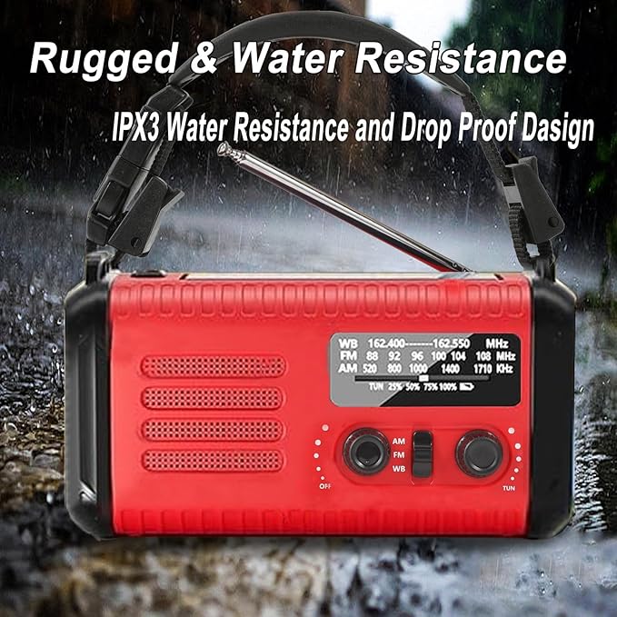 Emergency Hand Crank Radio, NOAA Weather Radio, 20000mAh Rechargeable Solar AM/FM Radio, Portable USB-C Fast Charger, Flashlight, Reading Lamp SOS Alarm for Hurricane Storm Camping Hiking (Red)