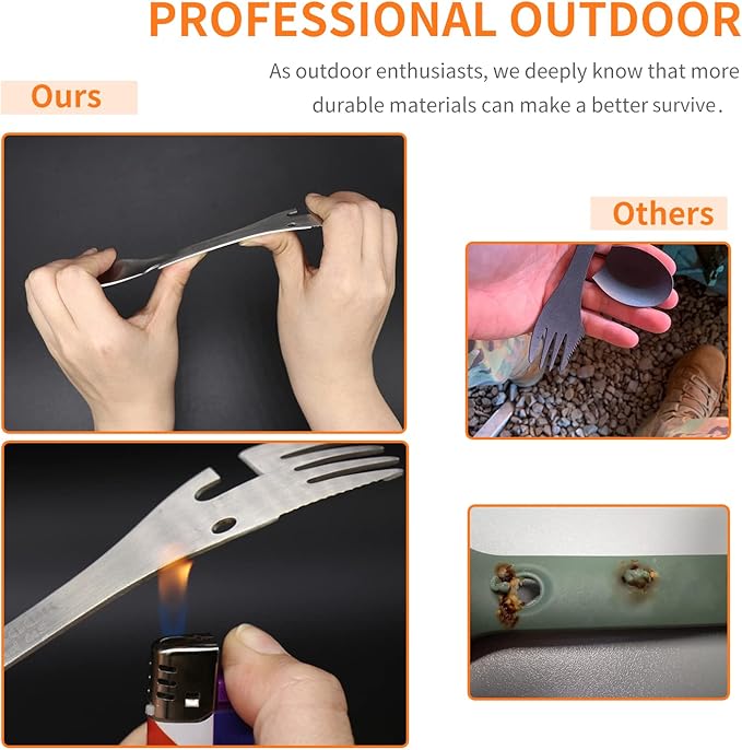 PSKOOK 5-in-1 Utility Tactical Spork, Stainless Steel Spoon & Bottle Opener, Fork & Knife, Can Opener Combo Camping Utensil for Hiking, Camping or Backpacking (Matte Silver)