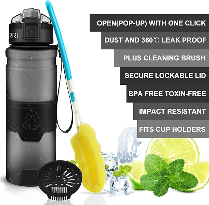ZORRI Sports Water Bottle, 400/500/700ml/1L, BPA Free Leak Proof Tritan Lightweight Bottles for Outdoors,Camping,Cycling,Fitness,Gym,Yoga- Kids/Adults Drink Bottles with Filter, Lockable Pop Open Lid