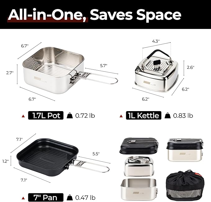 ALOCS Camping Cookware Set, Stainless Steel Pot, 7-inch Non-Stick Pan, Portable Kettle, Outdoor Cooking System with Carry Bag for Kitchen, Picnic, Hiking, Backpacking,Fishing and Campfire