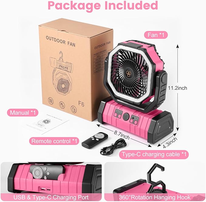 Odoland 30000mAh Camping Fan with LED Lantern, Rechargeable Battery Operated Oscillating with Remote Hook, Portable Tent Fan with Timer, 4 Speeds for Outdoor RV Jobsite Power Outage, Pink