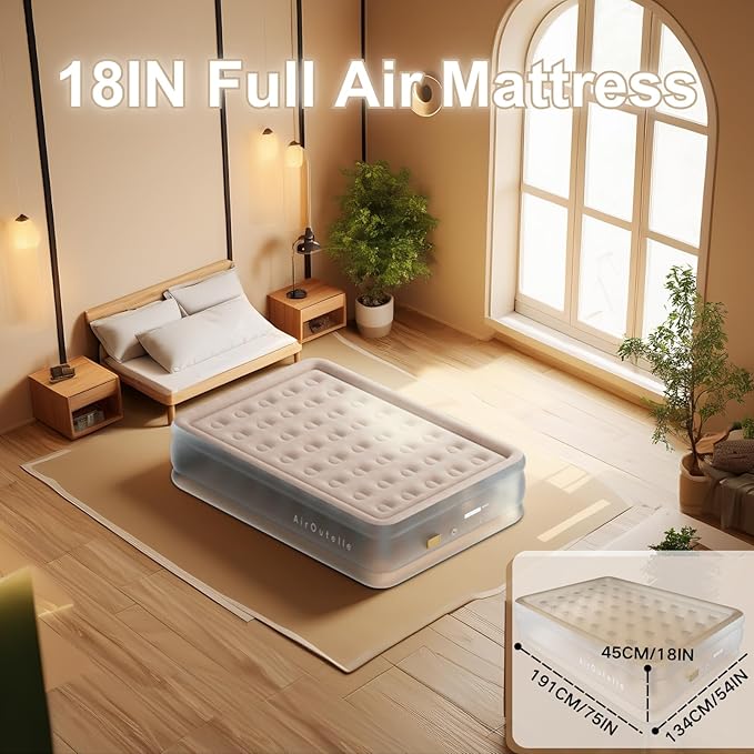 Semi-Frosted Full Air Mattress - 18 Raised Comfort Air Bed, 650lb Capacity w/USB Pump | Ultra Plush Khaki Velvet Top | Camping & Guest Bed | Fast Inflation & Leak-Proof