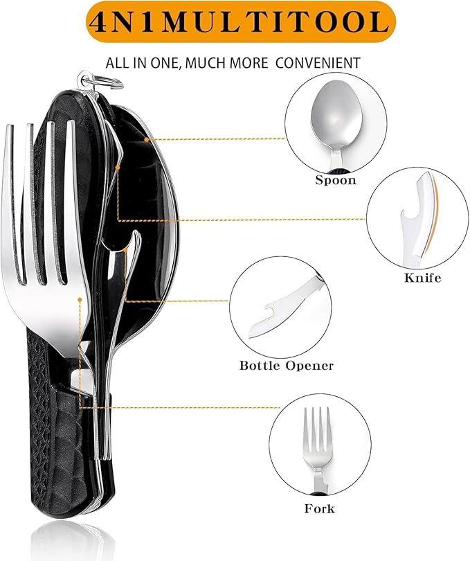 Camping Flatware, Stainless Steel Spoon Fork Knife Bottle Opener 4-in-1 Combo Utensil, Detachable Foldable Cutlery Set for Backpacking Hiking Fishing Scouting - Black